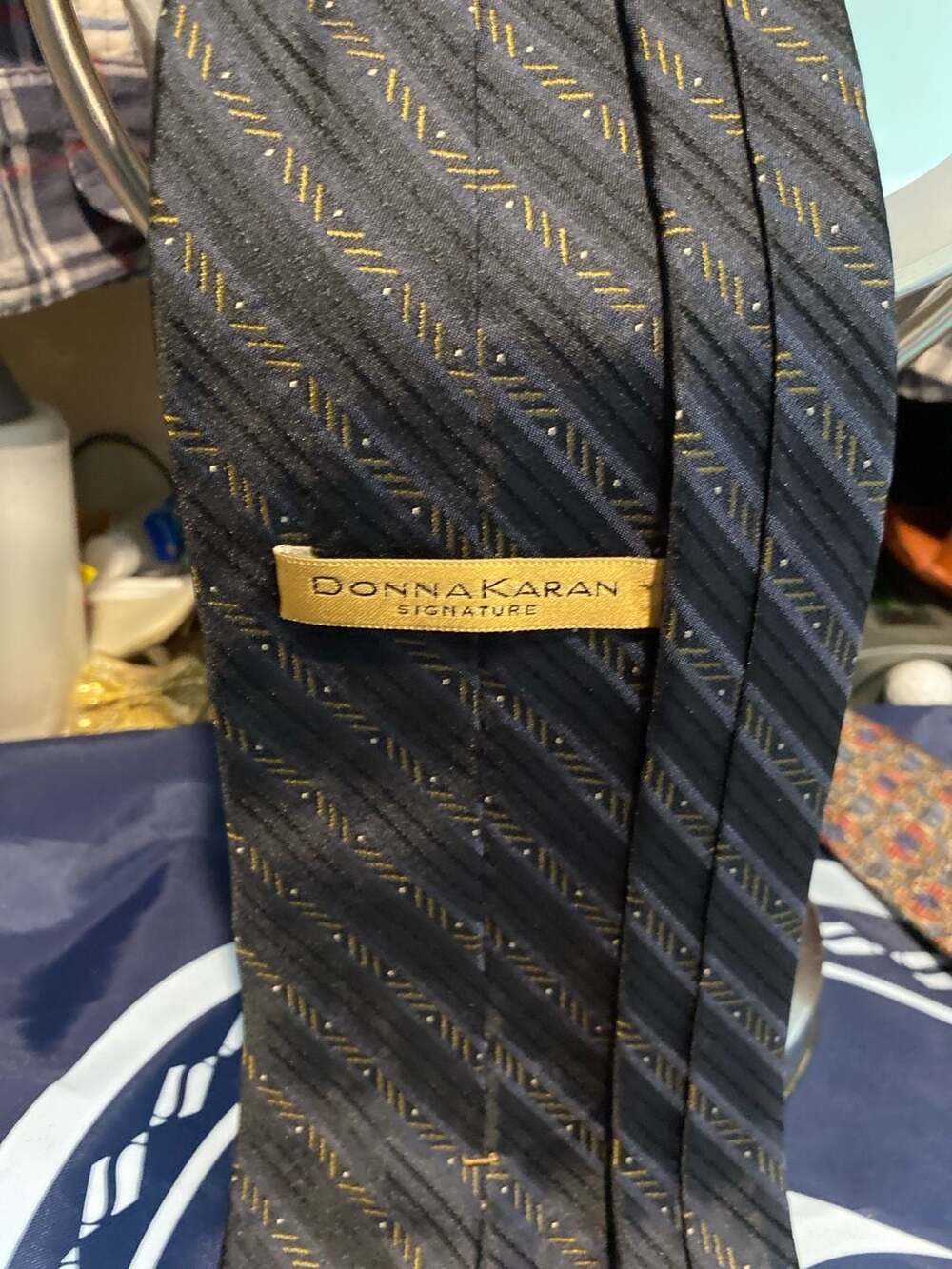 Donna Karan Signature Black and Gold Diagonal Patterned Silk Necktie